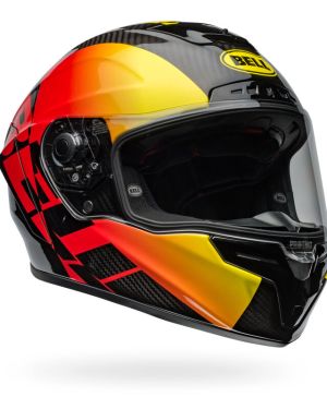 Bell Race Star Flex DLX Carbon Fiber Helmet – Offset | Gloss Black / Red / Yellow